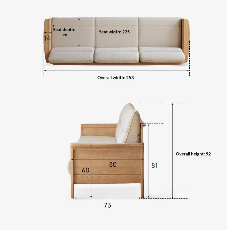 Ash Solid Wood Exposed Wood Frame Sofa with Slat Back Panel