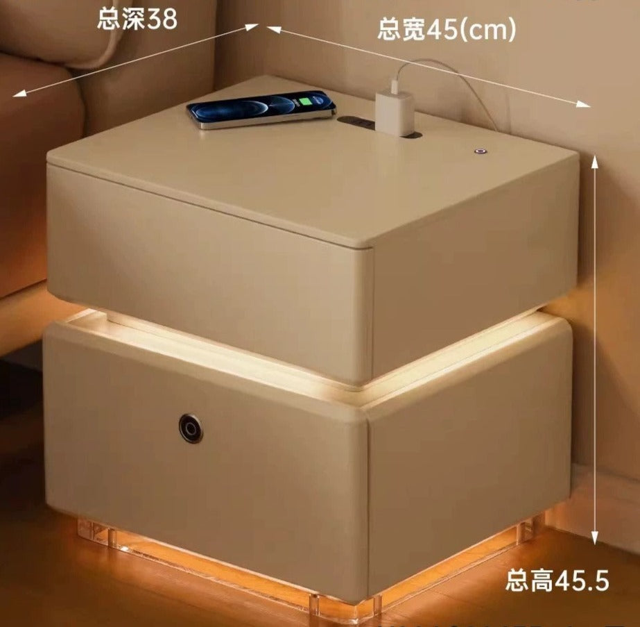Oak, Poplar solid wood Smart nightstand Wireless Charging, Fingerprint Lock Storage Cabinet"