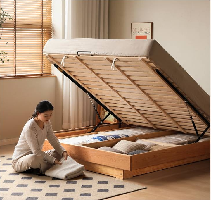 Cherry Solid Wood Floating Platform Box Bed, Headboard-Free Bed