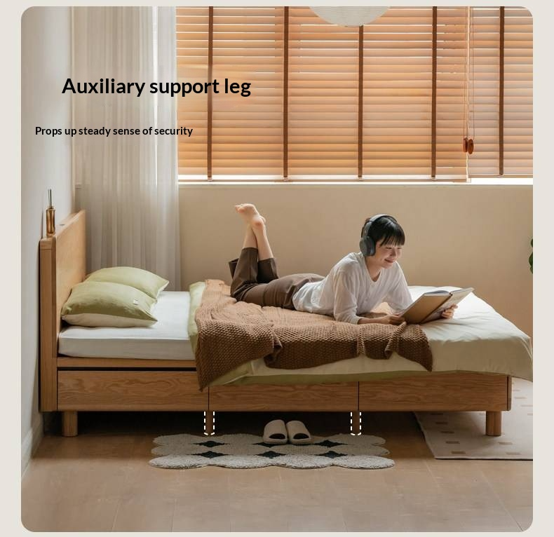 Oak Solid Wood Platform Storage Bed with Hidden Drawers and Bedside Shelf