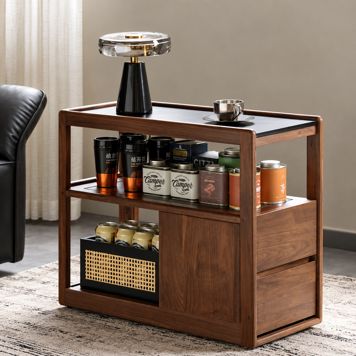 Black Walnut, Sandalwood, Oak, Ash Rolling Side Table with Stone Top and Open Storage Shelves
