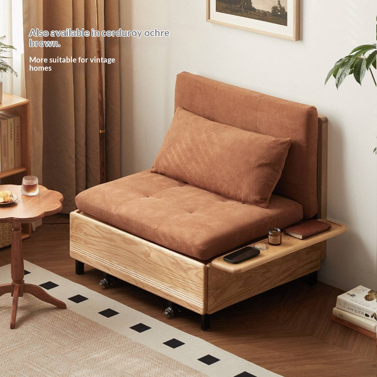 Oak Solid Wood Sleeper Sofa Chair Bed with Attached Fold-Out Side Tray