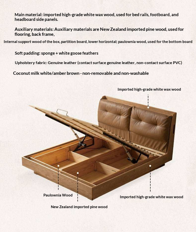Ash Solid Wood Genuine Leather Upholstered Storage Bed with Electric Lift and LED Lighting