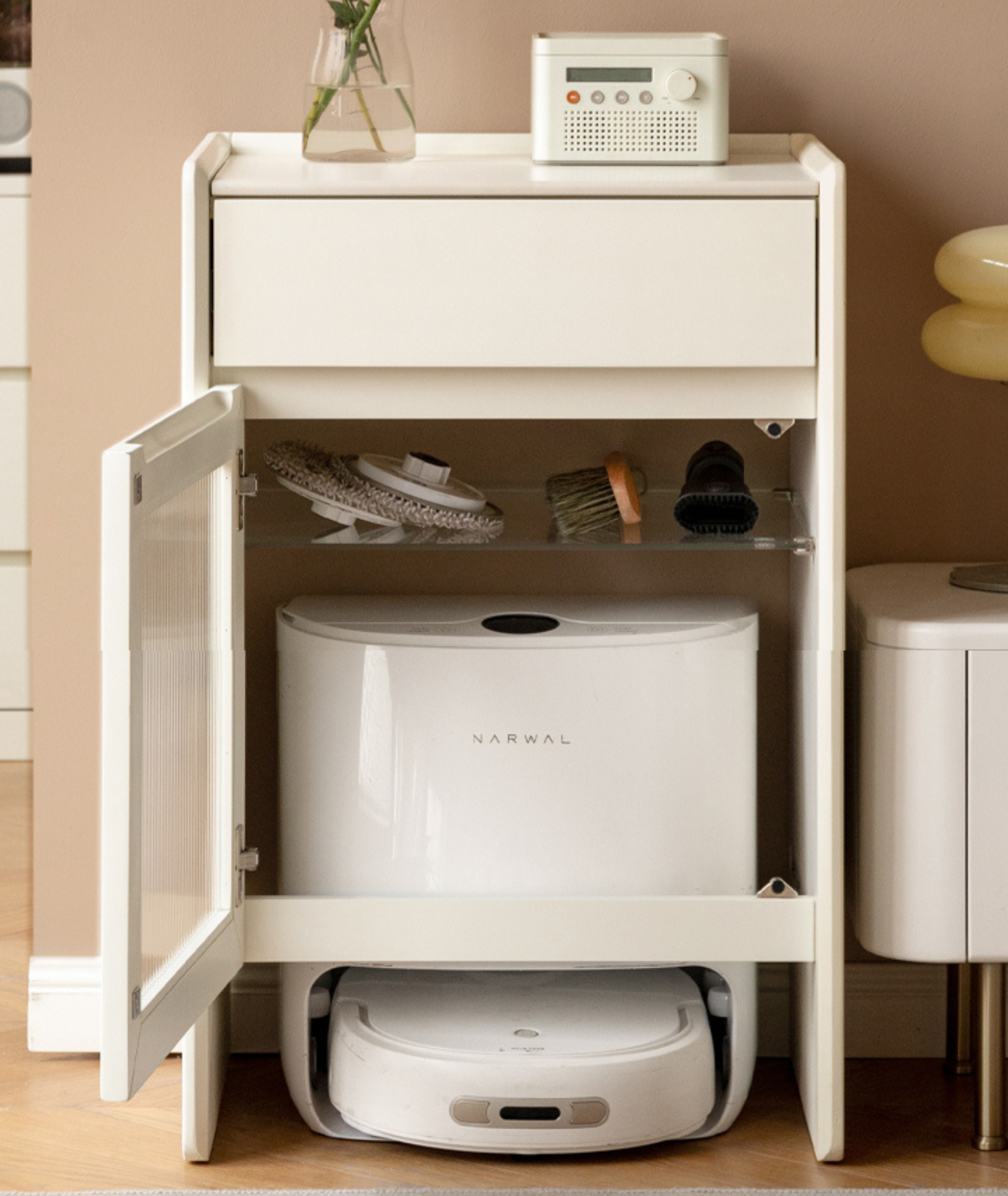 Poplar Solid Wood Sweeping Robot Storage Side Cabinet Light Luxury