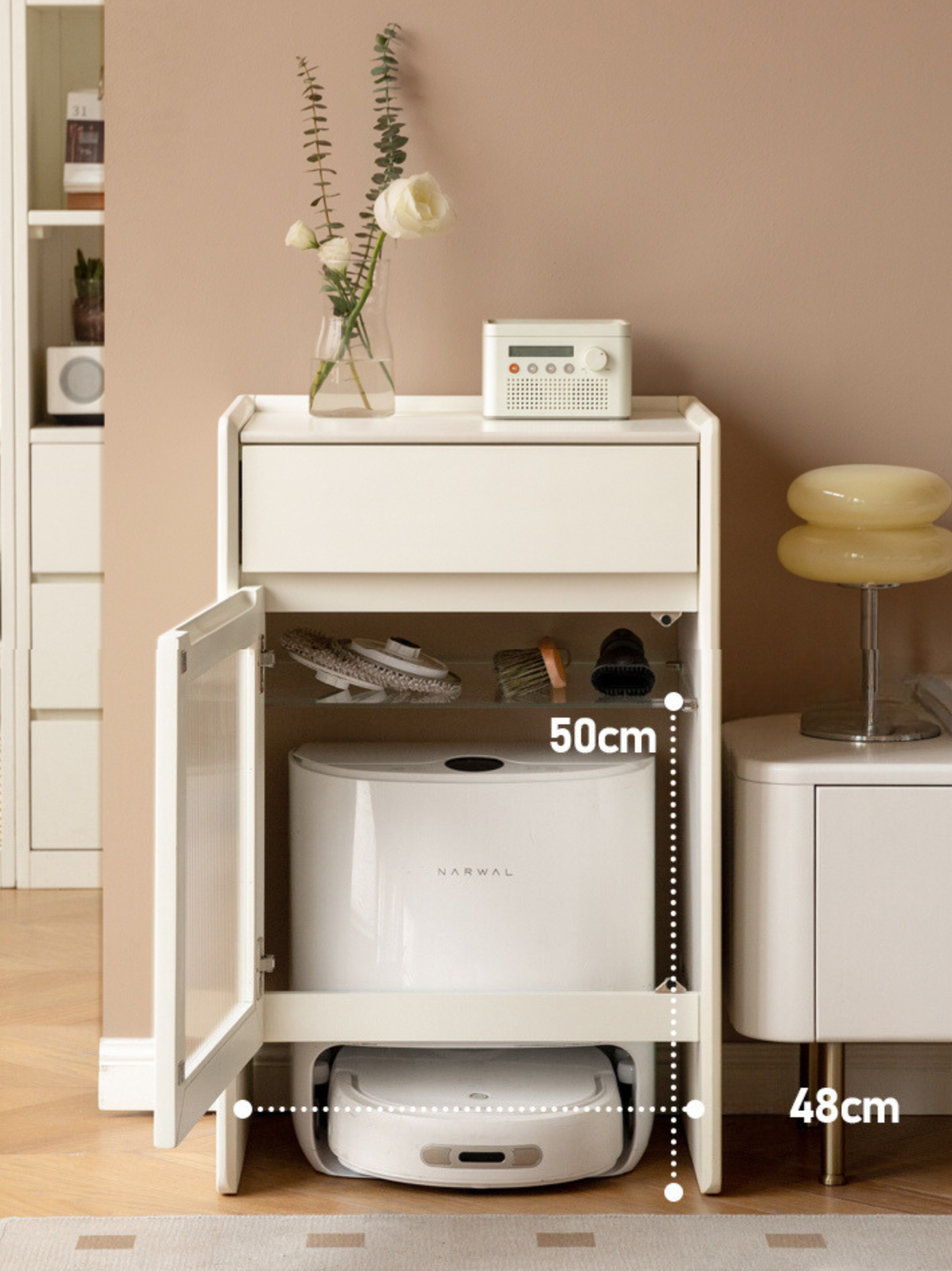 Poplar Solid Wood Sweeping Robot Storage Side Cabinet Light Luxury