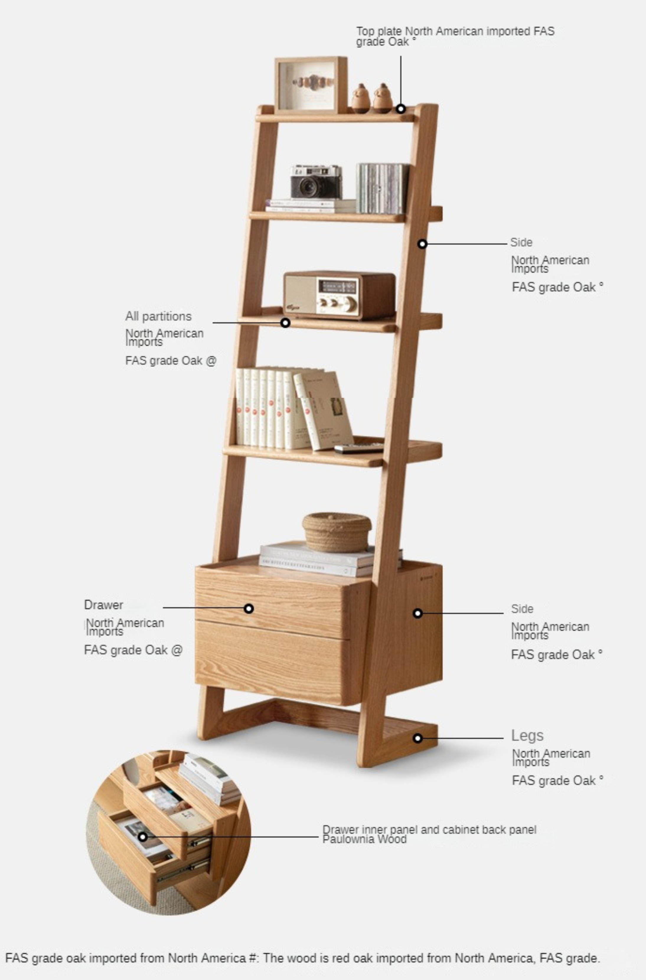 Oak Solid Wood Side Cabinet, Trapezoidal Storage Rack