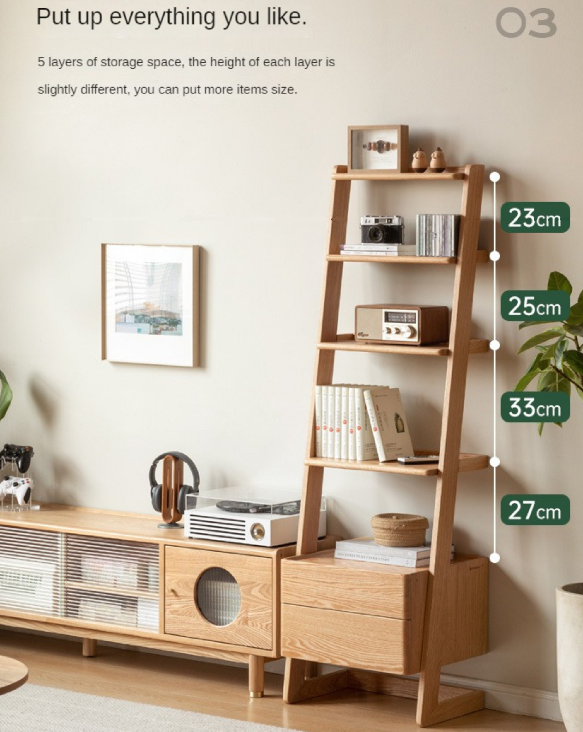 Oak Solid Wood Side Cabinet, Trapezoidal Storage Rack