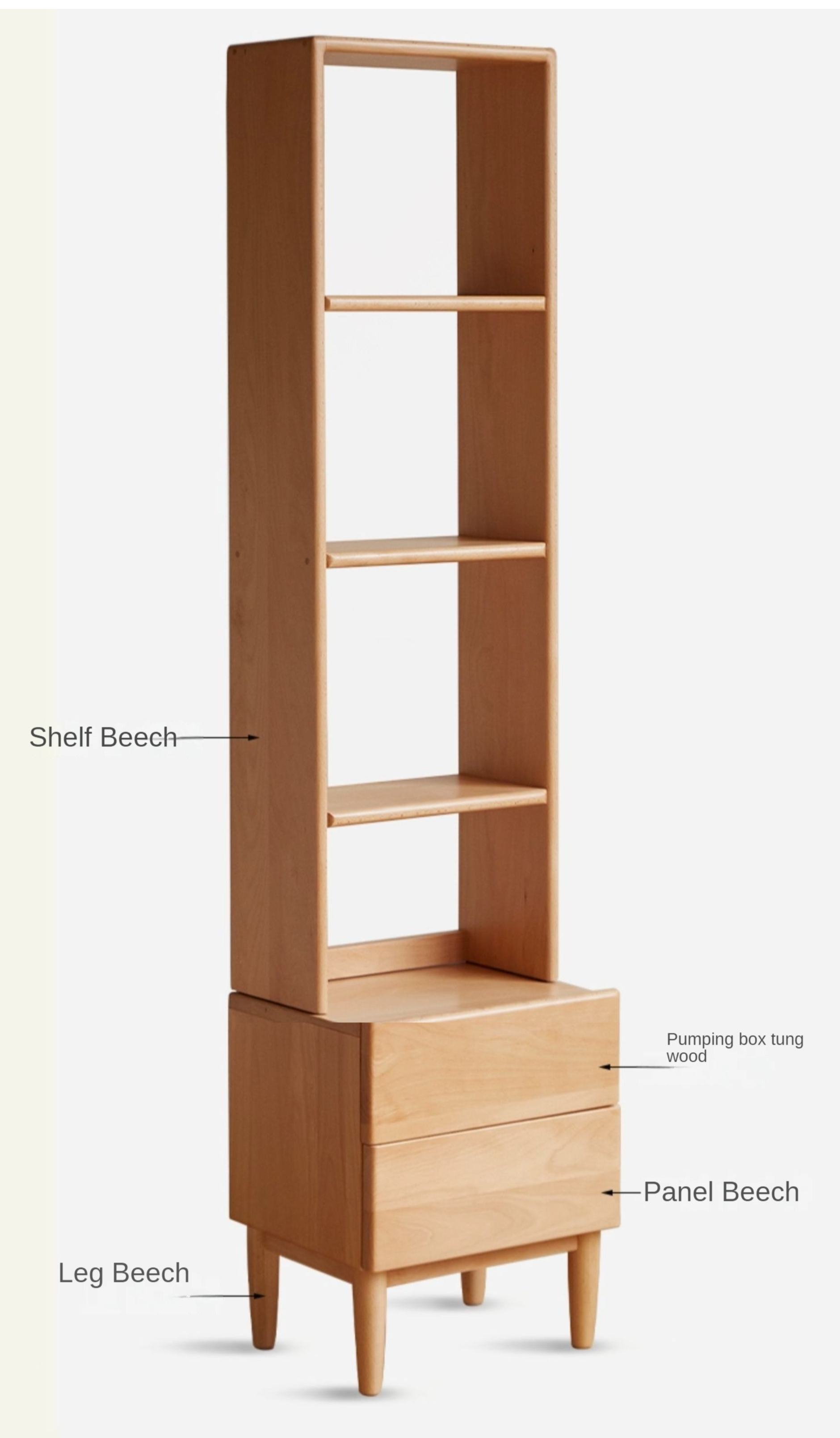 Beech Solid Wood Nightstand and Elevated Storage Rack, Bedside Bookshelf