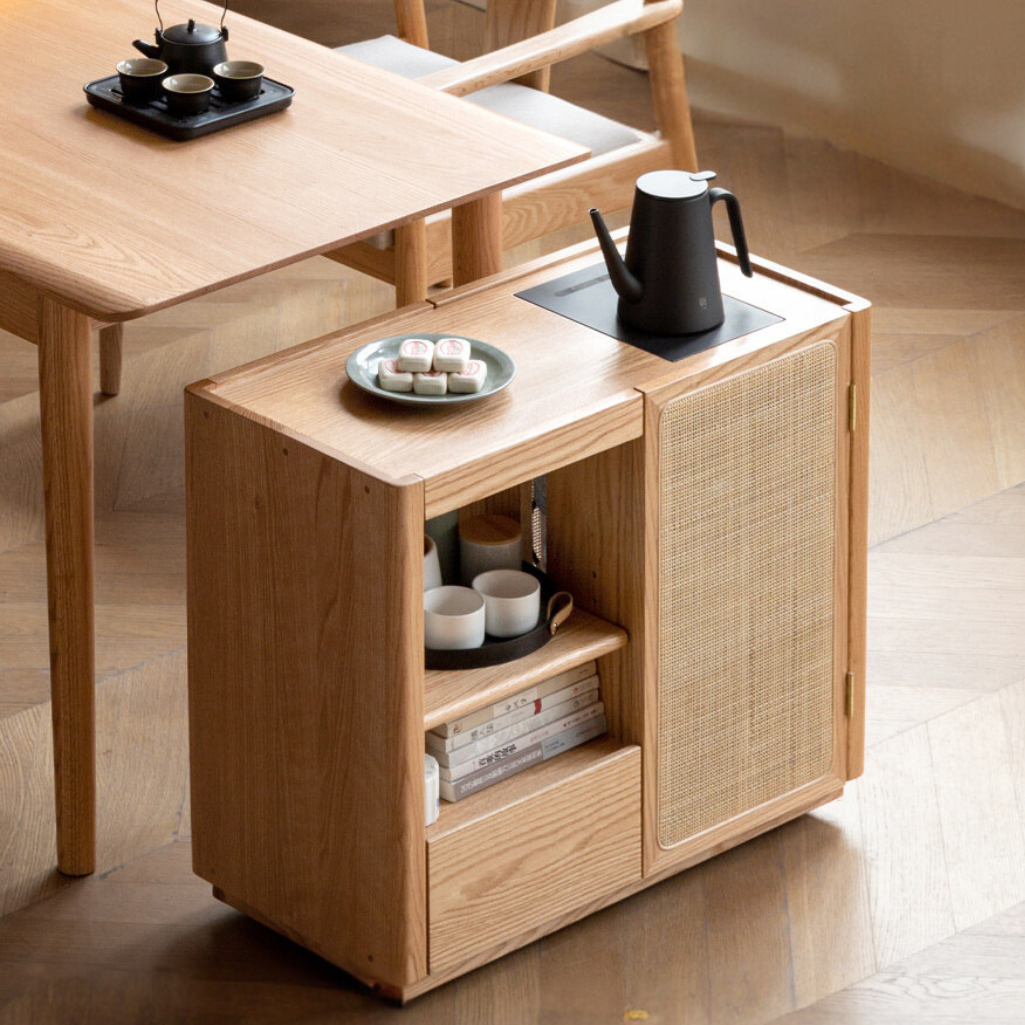 Tea maker mobile side cabine, side table Ash solid wood -