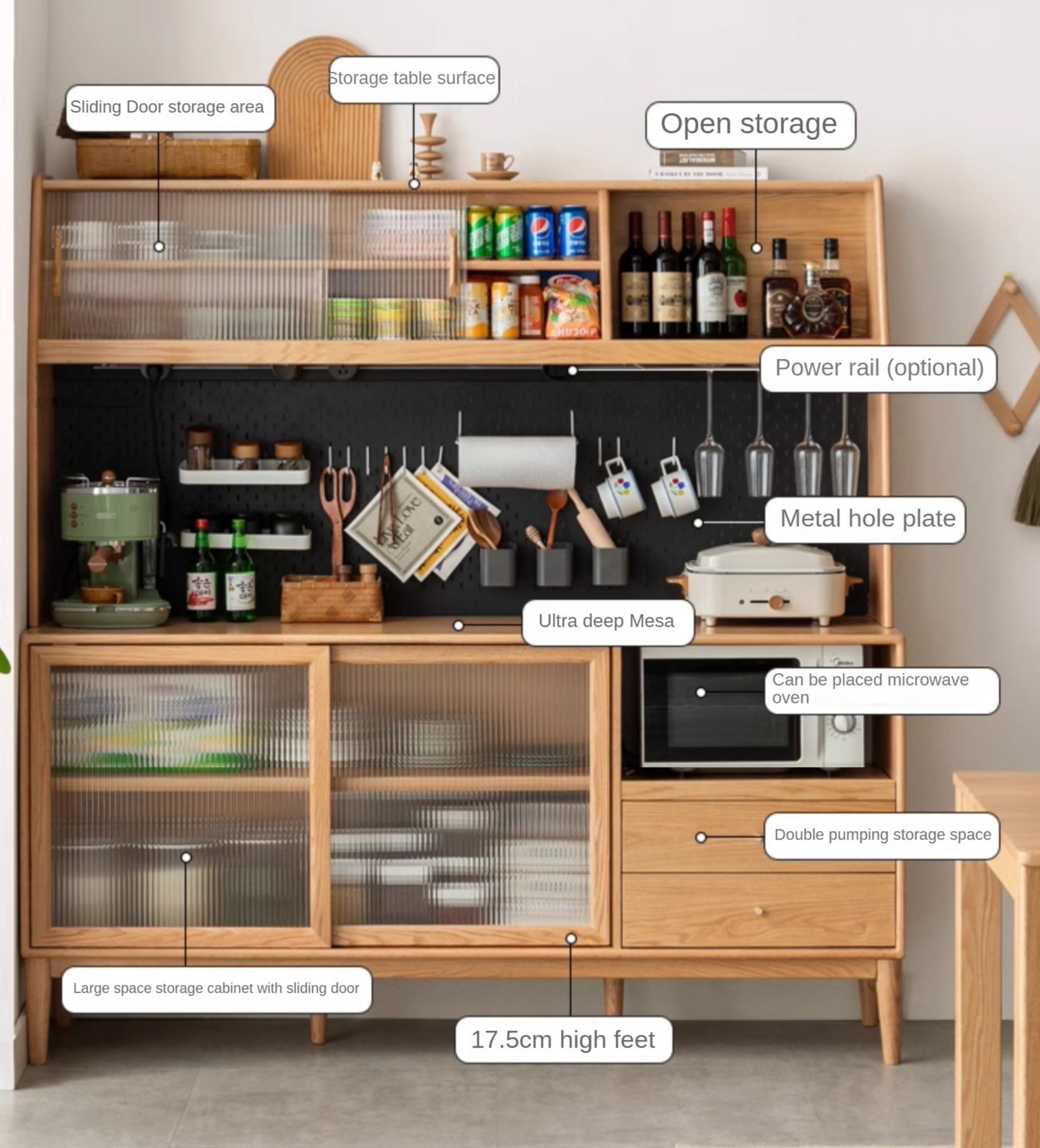 Oak Solid Wood Sideboard Multi-Functional Buffet Cabinet