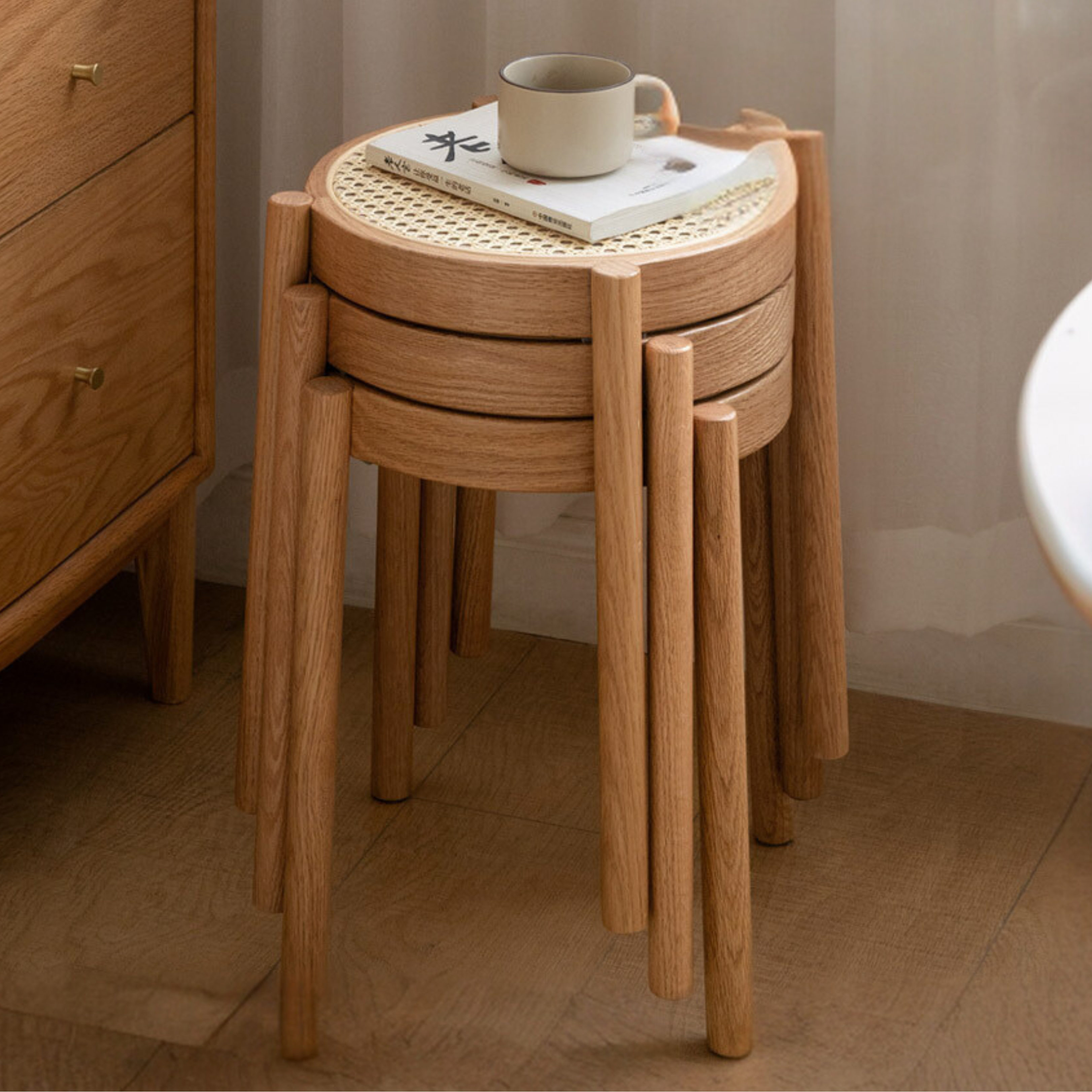4pcs Oak Solid Wood Stool Rattan