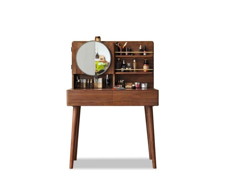 Black walnut solid wood makeup cabinet table with round mirror"