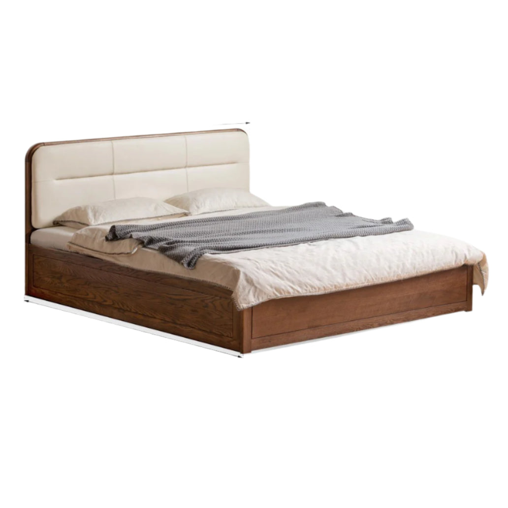 Oak Solid Wood Modern Genuine Leather, Organic Leather Storage Bed