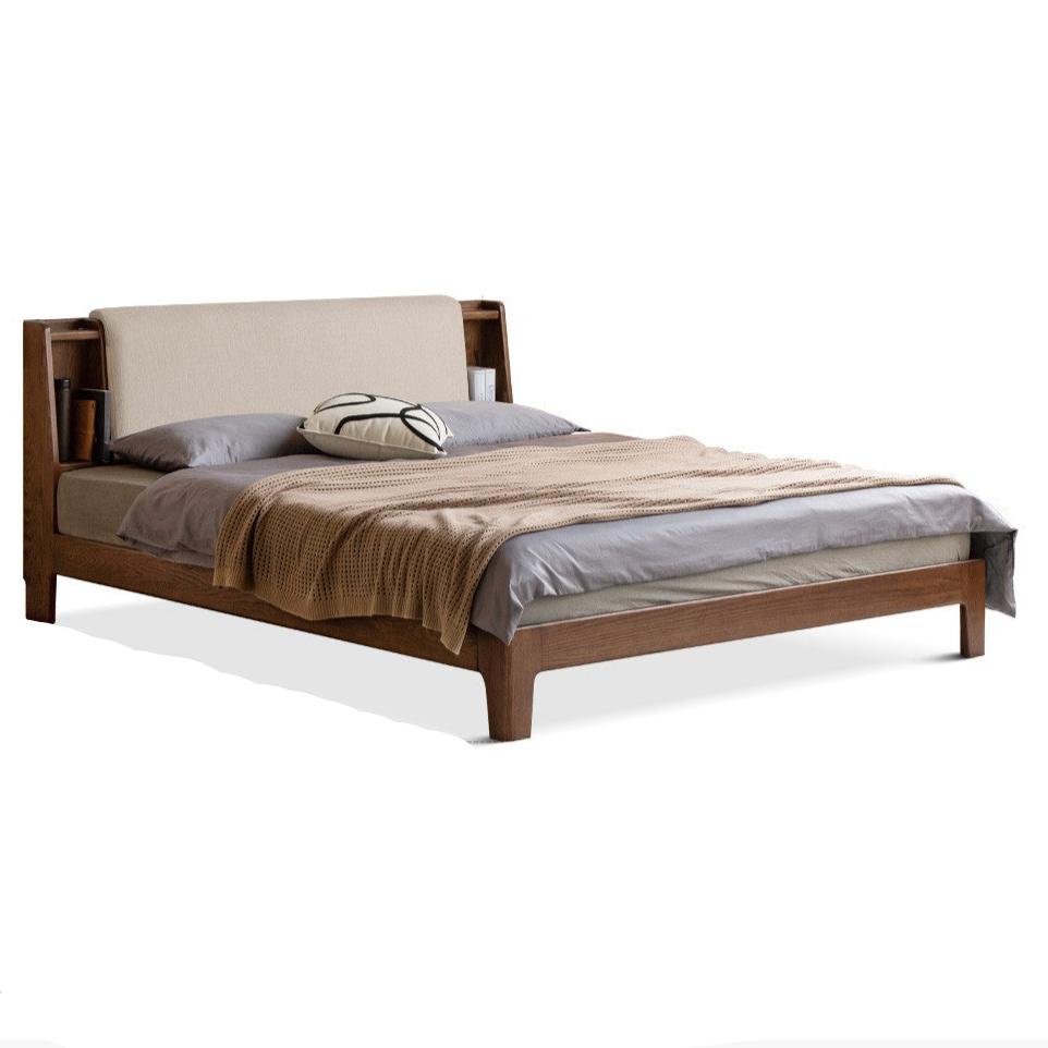 Oak solid wood Fabric leather soft bed with light