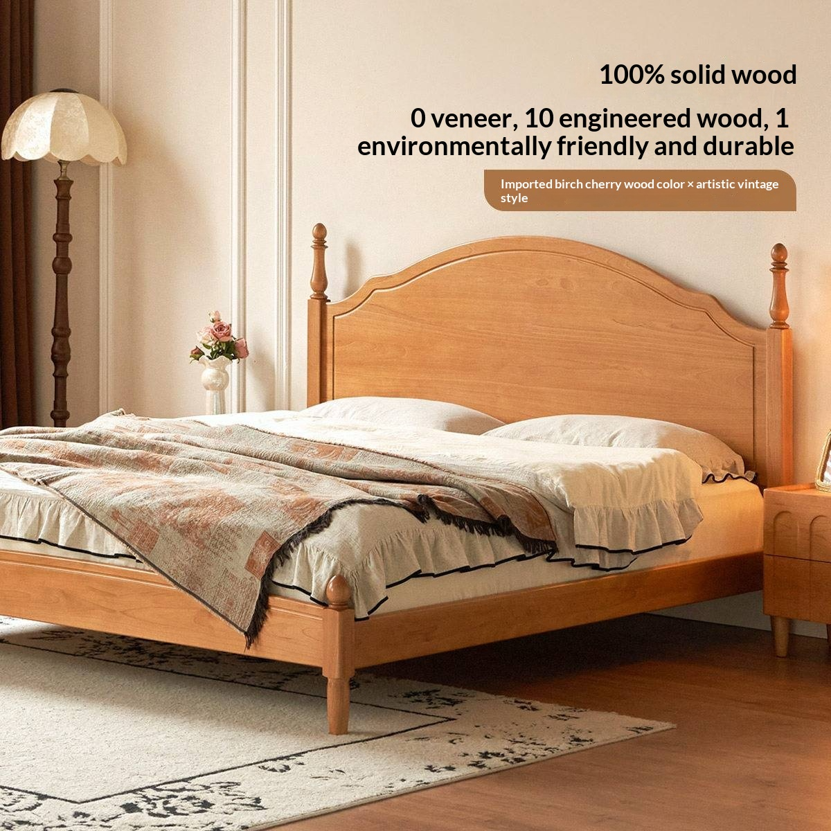 Birch Solid Wood Bed — French Retro Style, Large Slab Design, Mid-Range Style