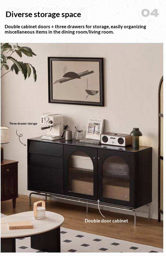 Solid Rubberwood French Retro Sideboard Black Glass