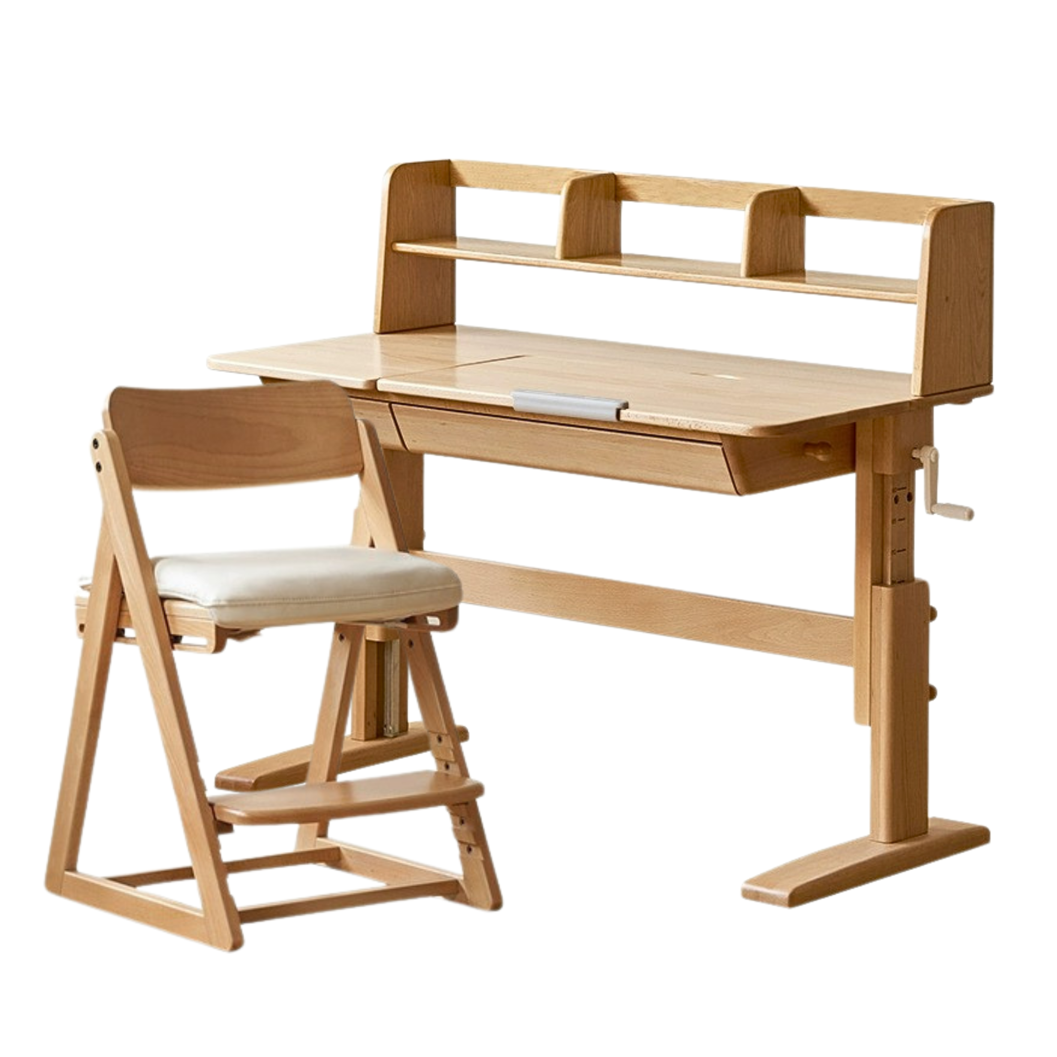 Beech Solid Wood lifting kids table with self/chair/high shelf