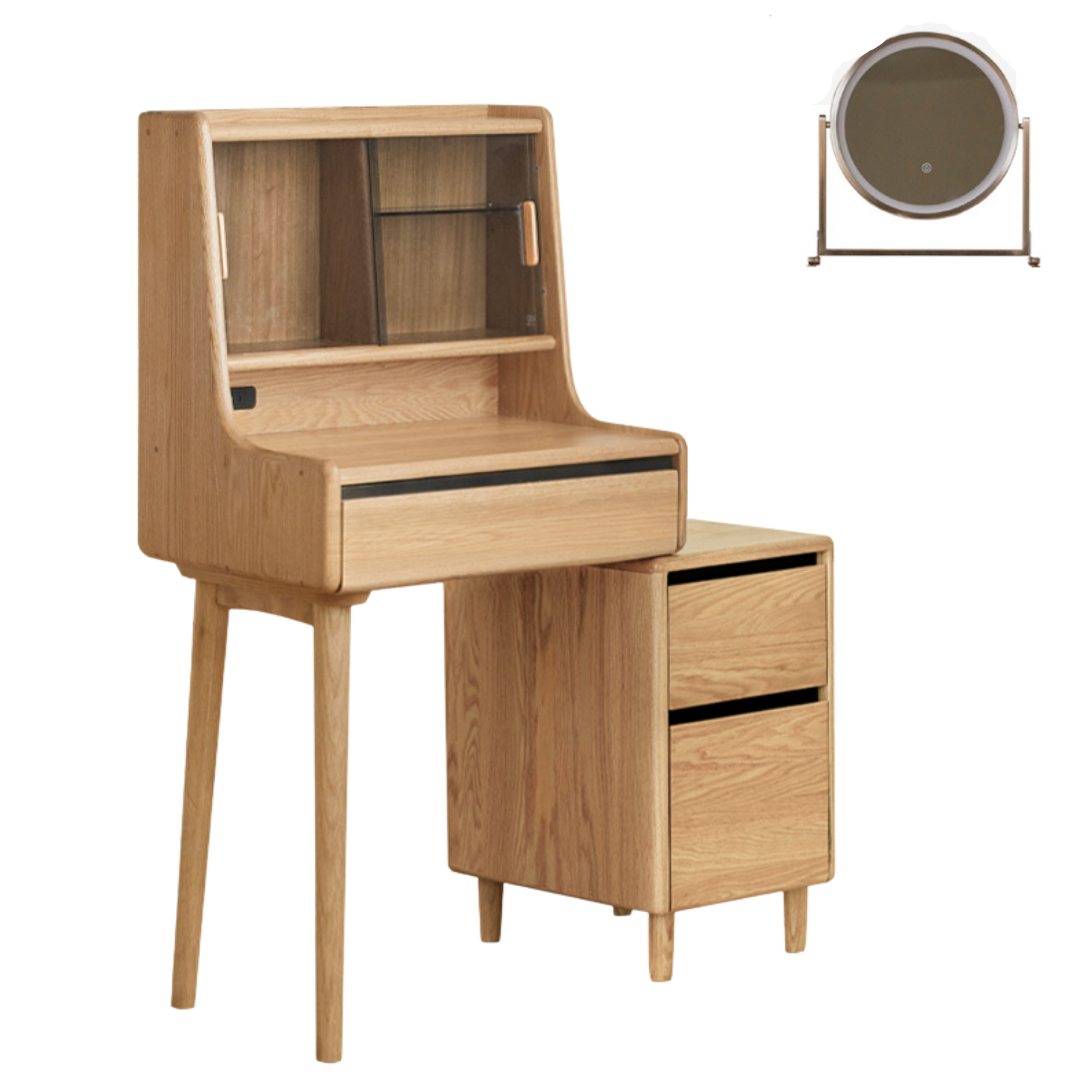 Ash Solid Wood Vanity Desk with Lighted Mirror