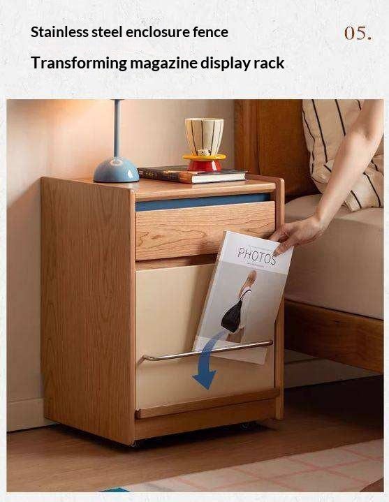 Cherry Solid Wood Nightstand with Storage Drawer and Magazine Holder with Wheels