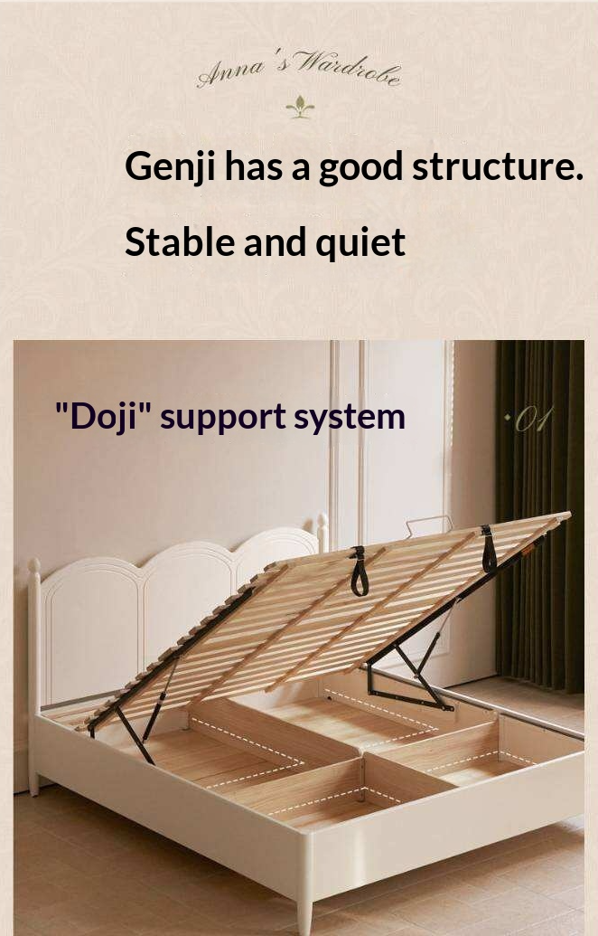 Rubberwood Solid Wood Bed with White Cream Style Large Box Frame