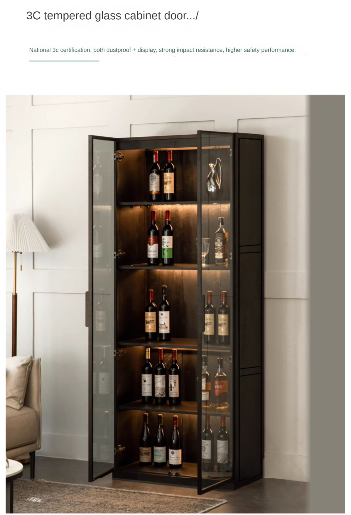 Solid RubberWood Glass Door Display Wine Cabinet