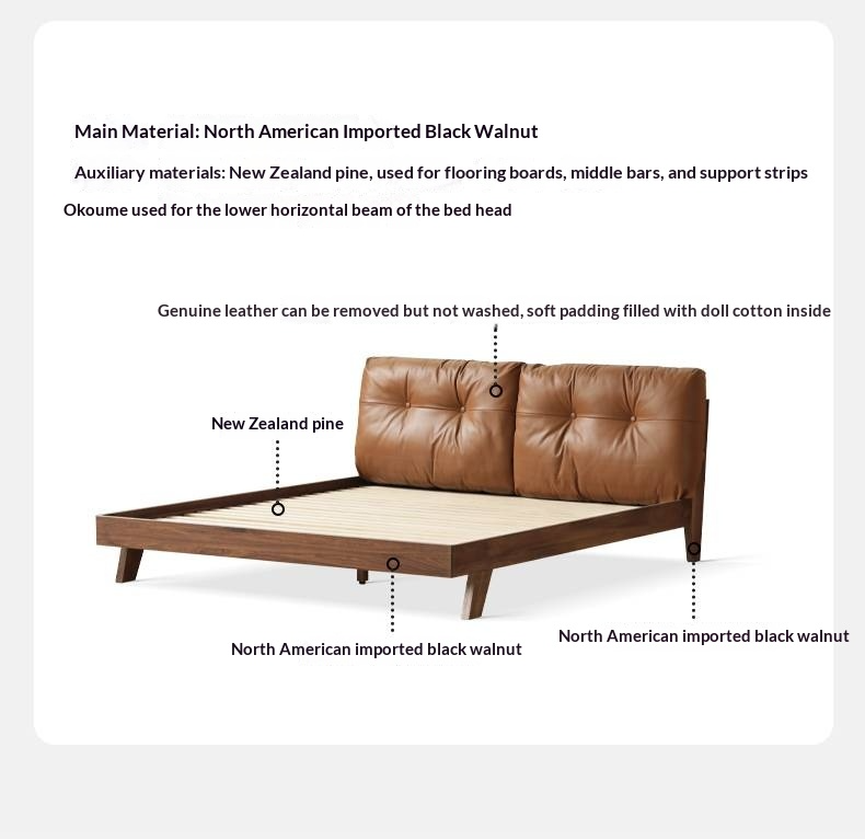 Black Walnut Solid Wood Bed with Top Genuine Leather Upholstery and Nordic High Headboard