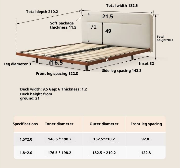 Poplar Solid Wood Floating Soft Bed, Vintage with Light