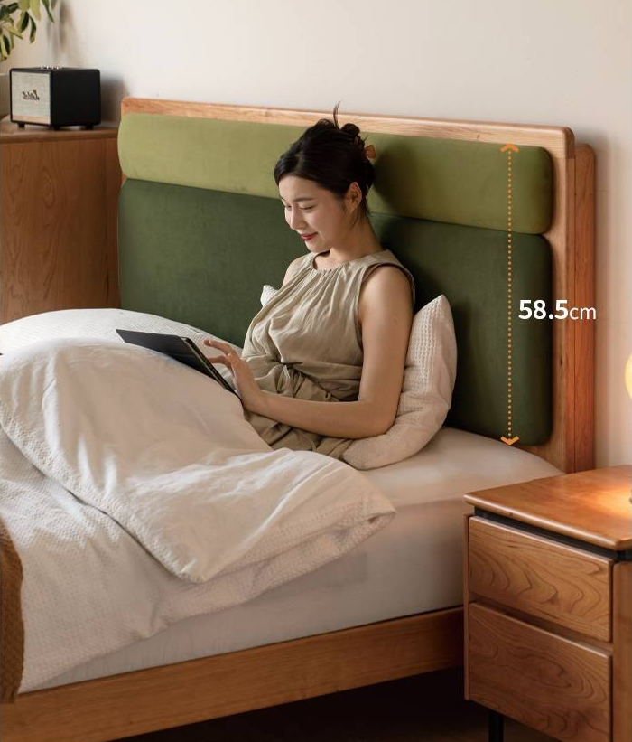 Cherry Solid Wood Fabric Soft Backrest Bed Modern Minimalist