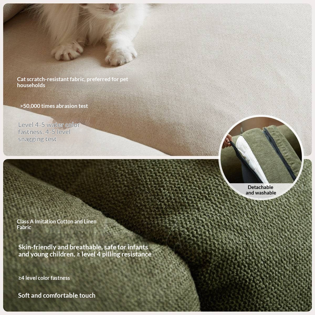 Oak Solid Wood Fabric Sofa, Couch with High Back Cushions, Durable Pet-Friendly Upholstery