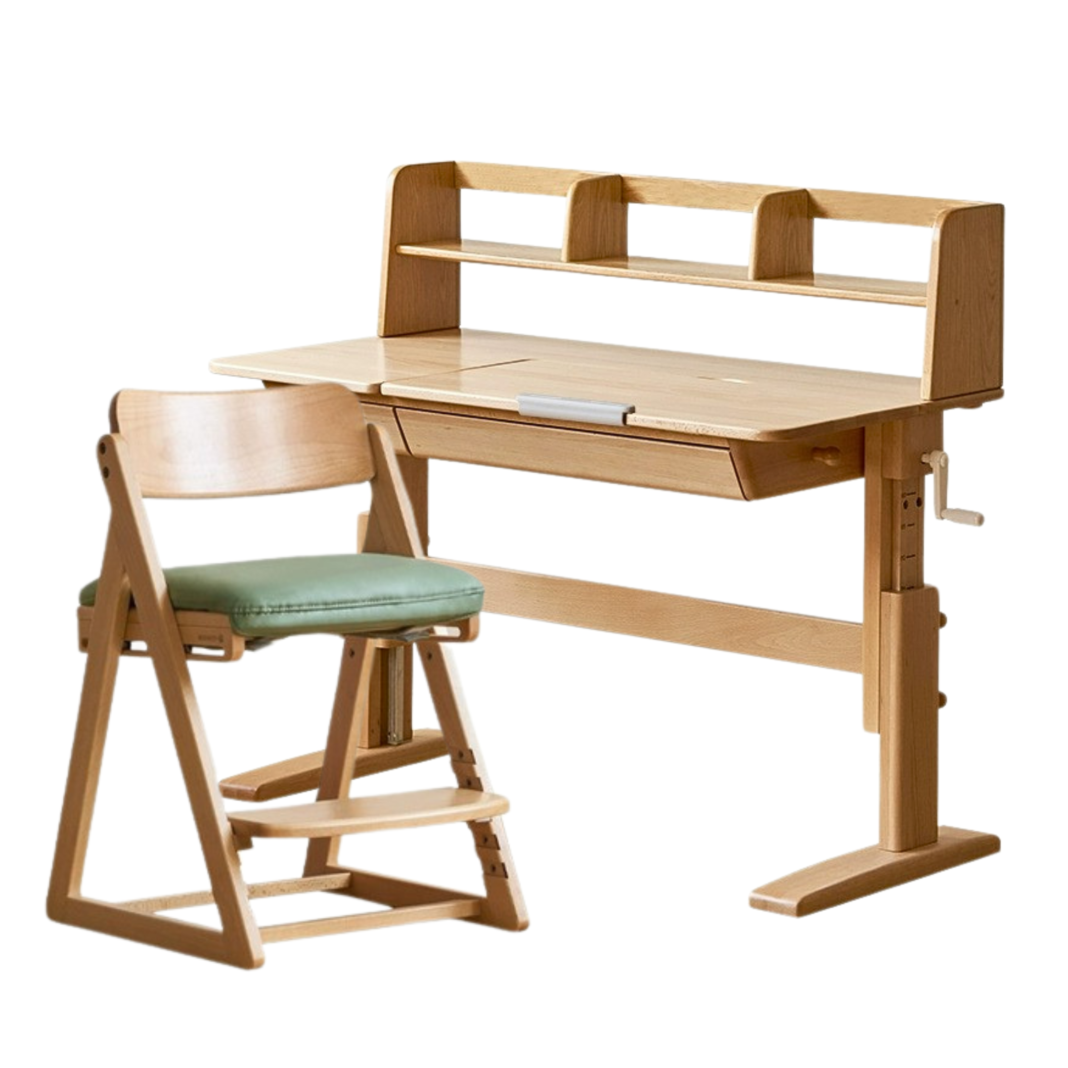 Beech Solid Wood Lifting Kids Table With Self/Chair/High Shelf