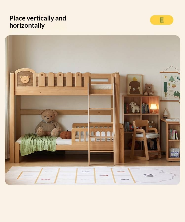 Beech Solid Wood L-Shaped Bunk Bed with Bookshelf Headboard and Detachable Guardrail