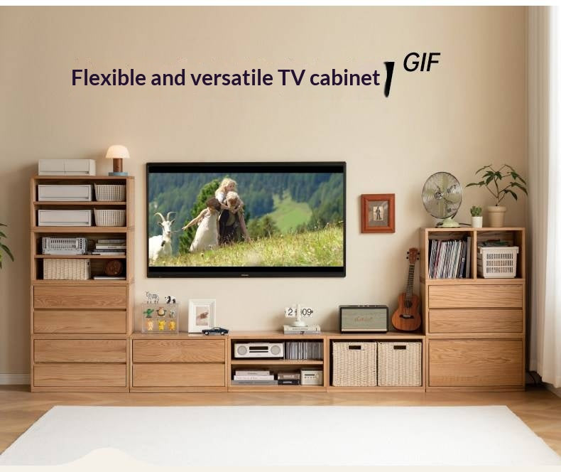 Ash Solid Wood Modern TV Cabinet with Freely Combineable Bookshelf and Storage