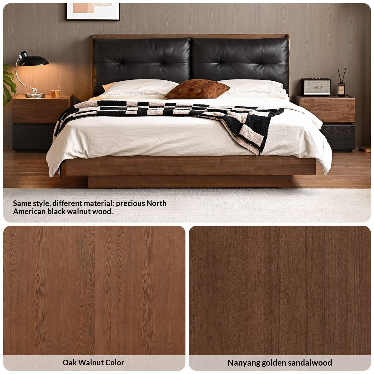 Oak Solid Wood Modern Leather Storage Bed, LED Lighting and USB Charging