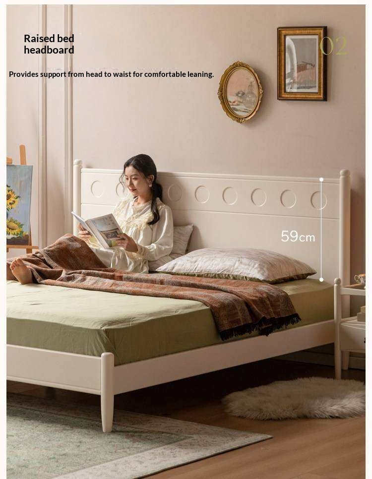 Rubberwood Solid Wood Platform Bed with Carved Dot Headboard and Spindle Legs
