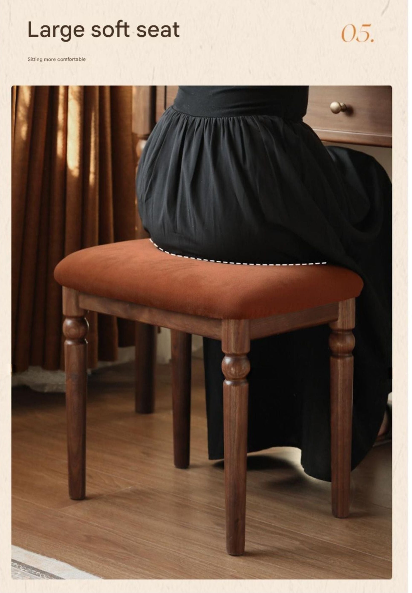 Black Walnut Solid Wood American Retro Makeup Stool