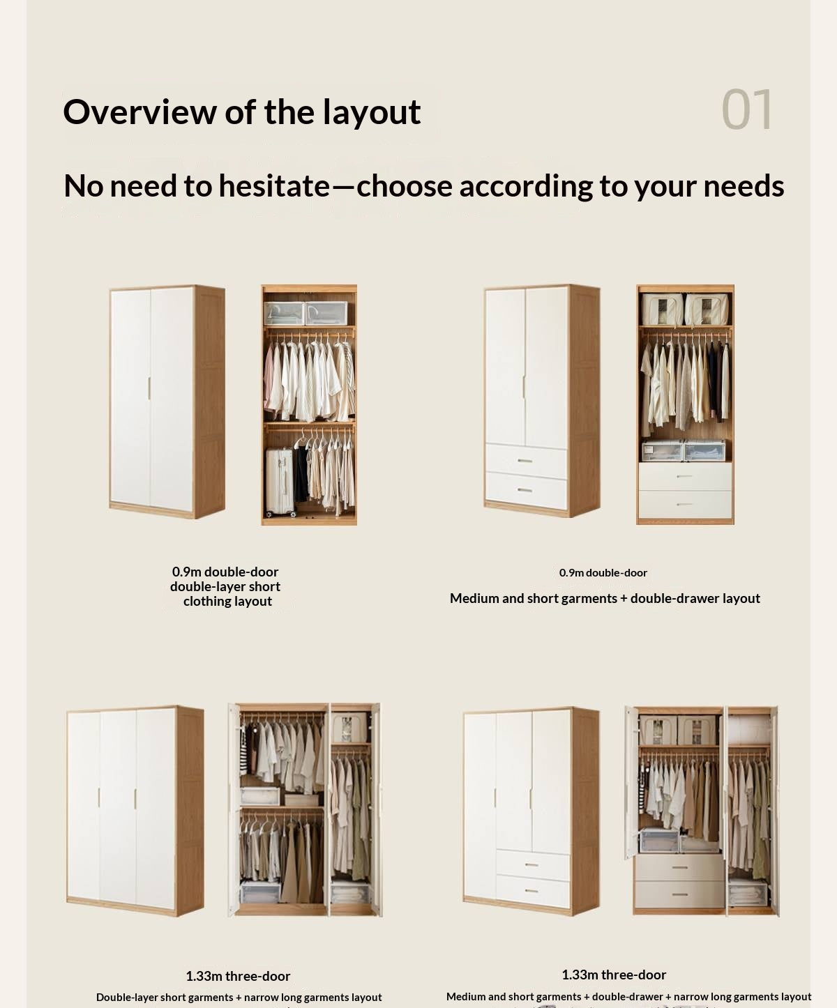 Oak Solid Wood Armoire Wardrobe with Hanging Rod and Drawers