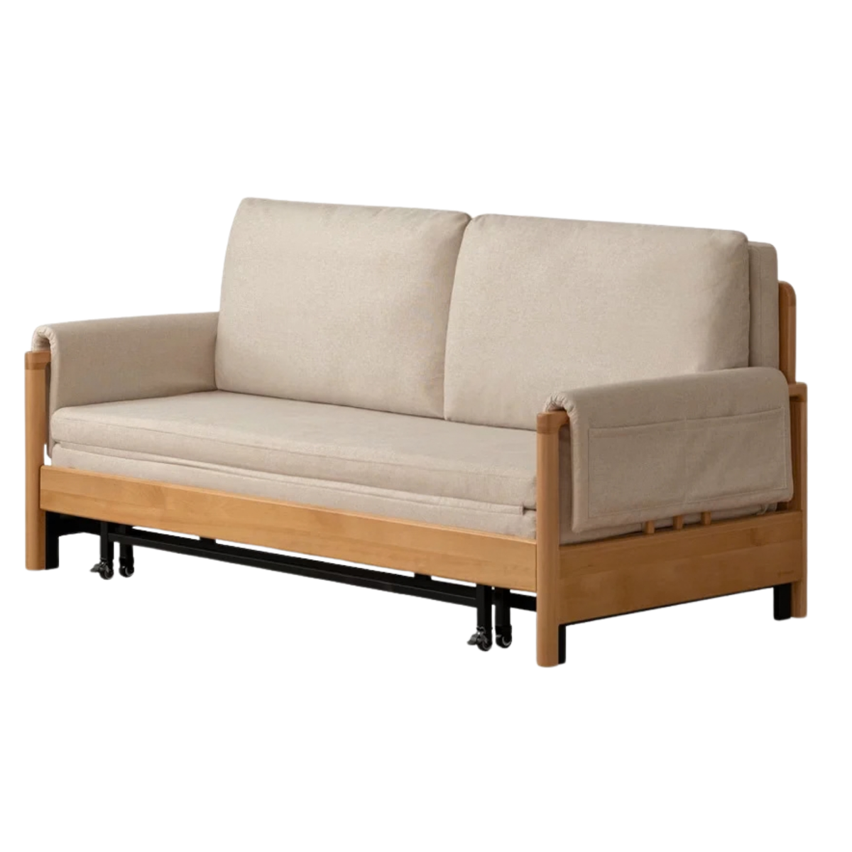 Beech Solid Wood Sleeper Sofa with Pull-Out Bed and Slatted Wood Armrests