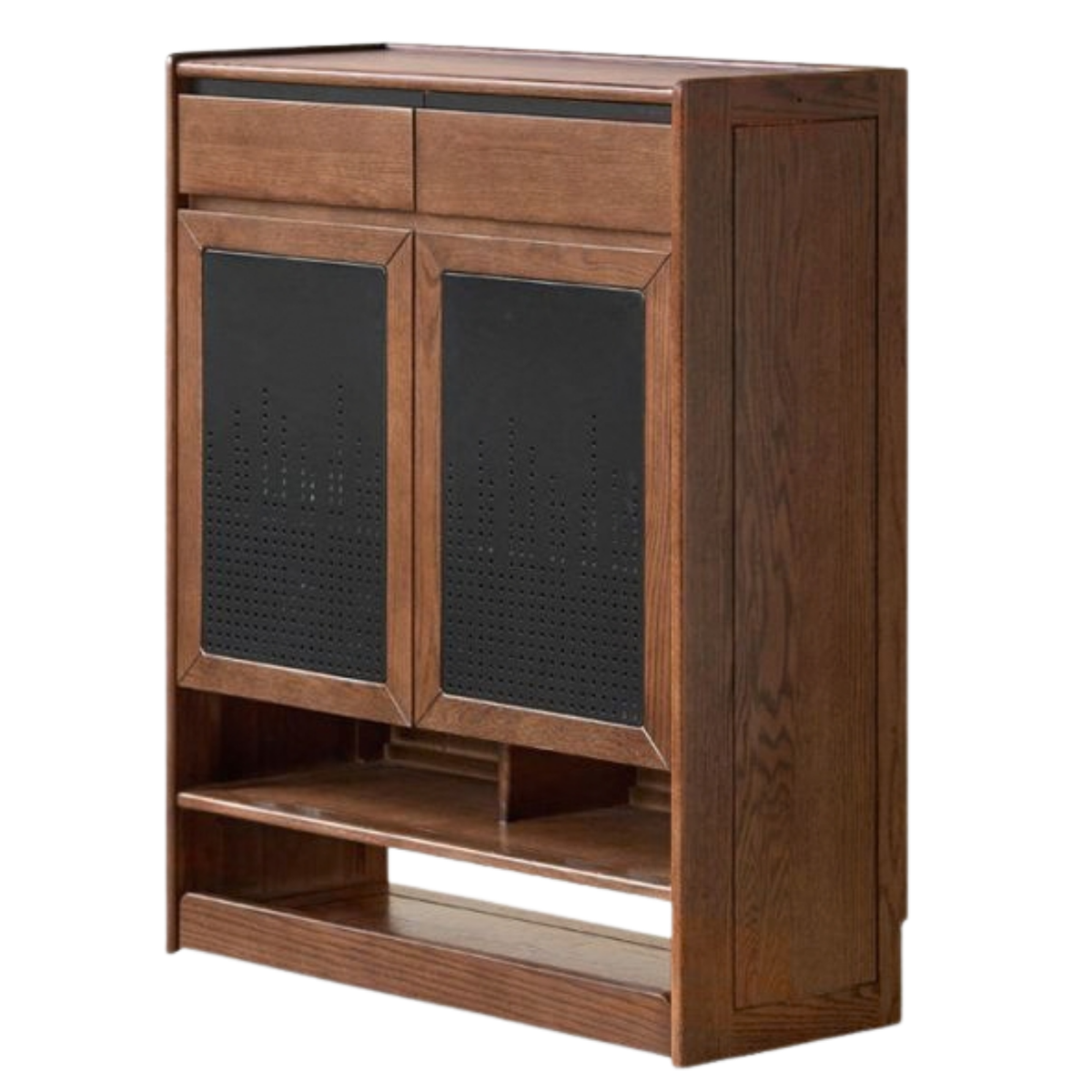 Oak Solid Wood Shoe Cabinet with Flip-Top Compartment and Perforated Metal Door