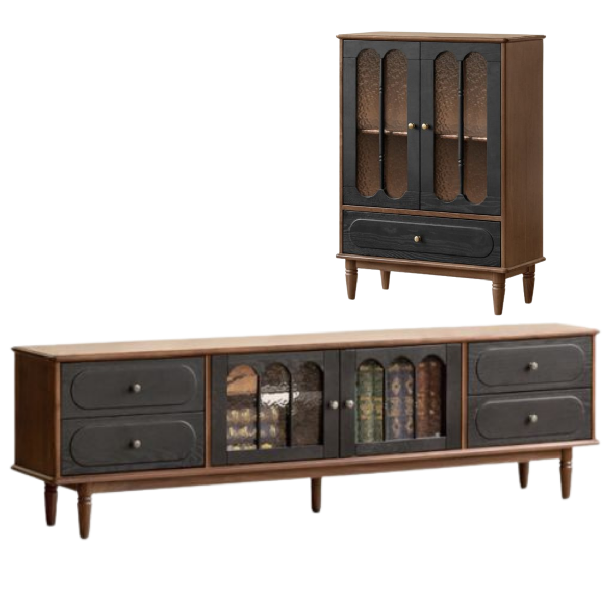 Black Walnut Solid Wood Vintage Curio Cabinet with Rippled Glass Doors and Brass Hardware