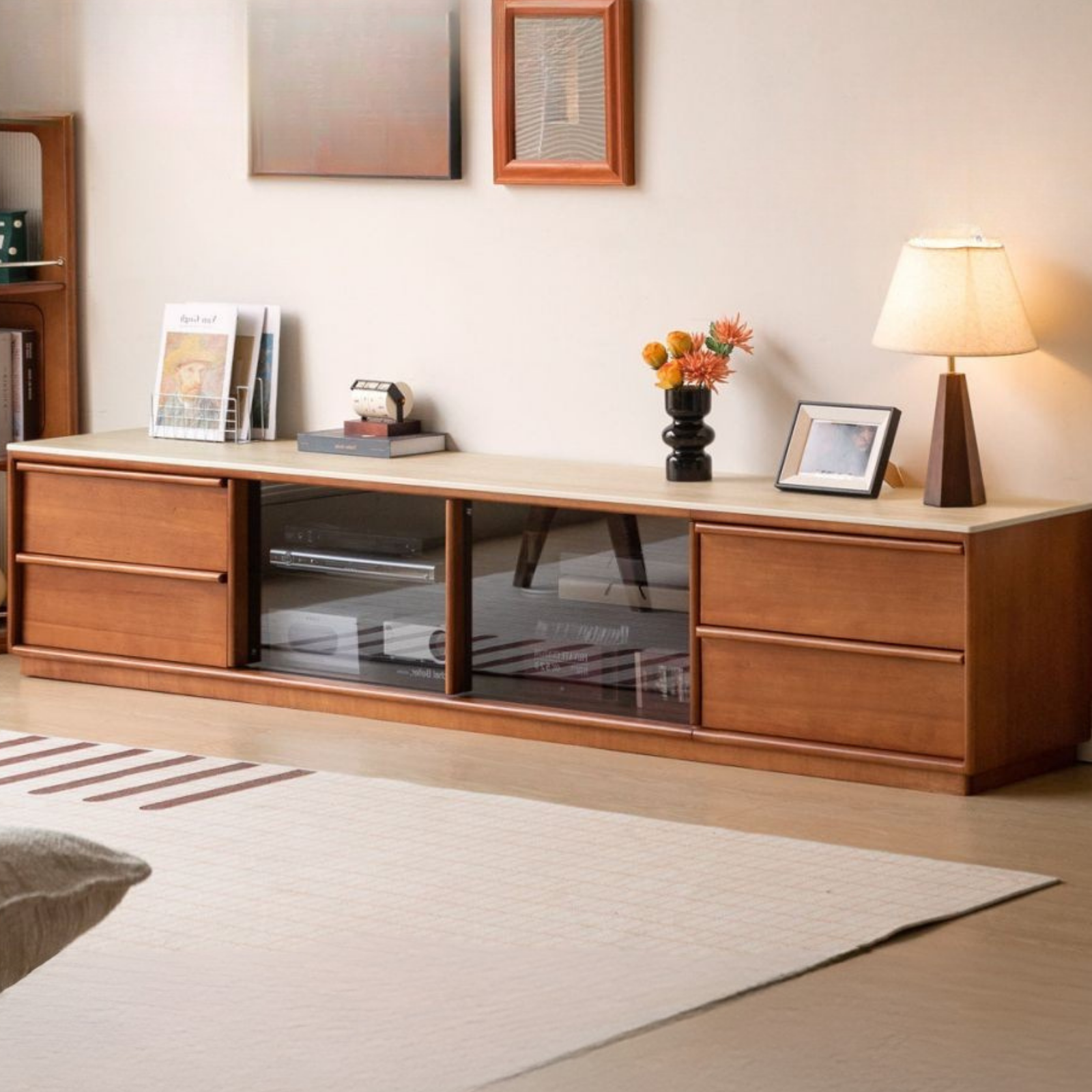 Poplar Solid Wood Stone Top TV Stand with Sliding Glass Doors