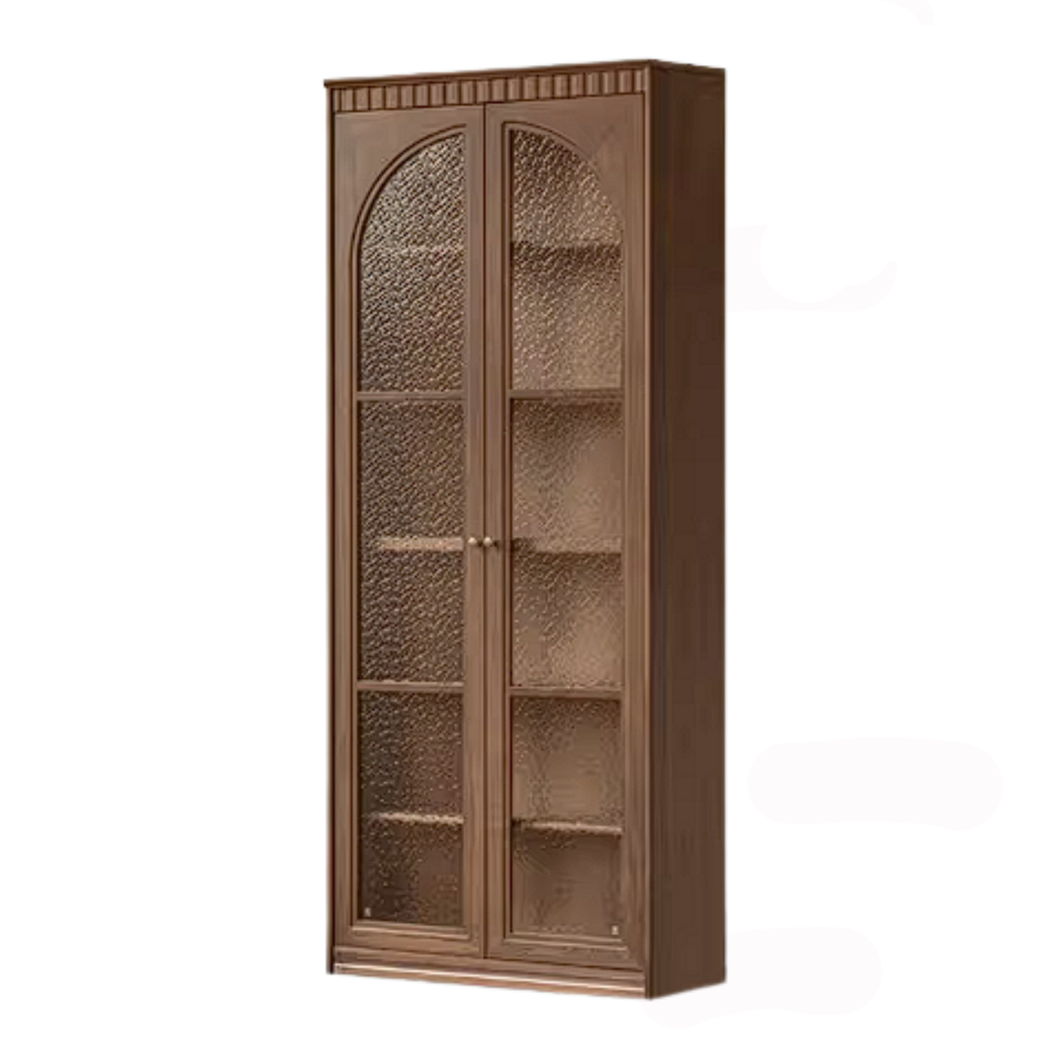 Black Walnut Solid Wood Arched Vintage Bookcase with Glass Door and Storage Drawer