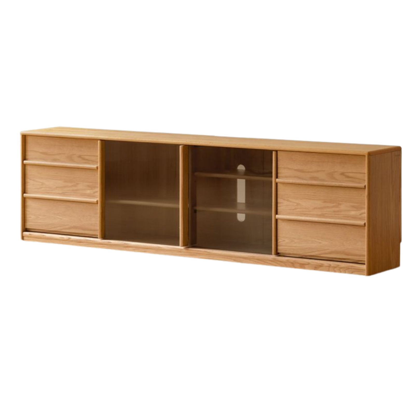Oak Solid Wood TV Stand with Sliding Glass Doors and Drawers