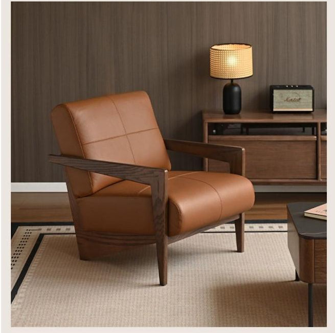 Oak Solid Wood Genuine Leather Accent Chair , Utrecht-Inspired Design