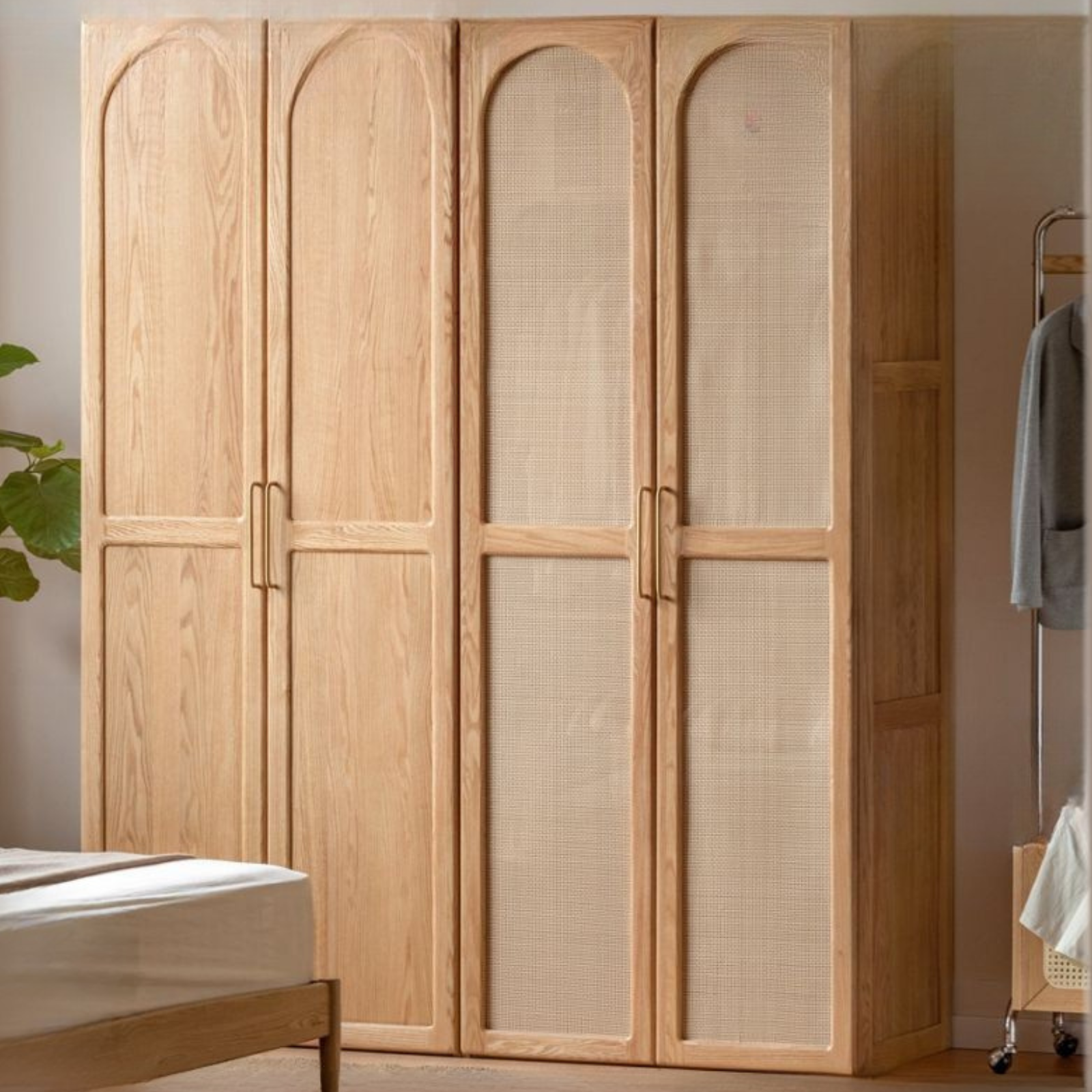 Oak Solid Wood Rattan Door Floor Wardrobe