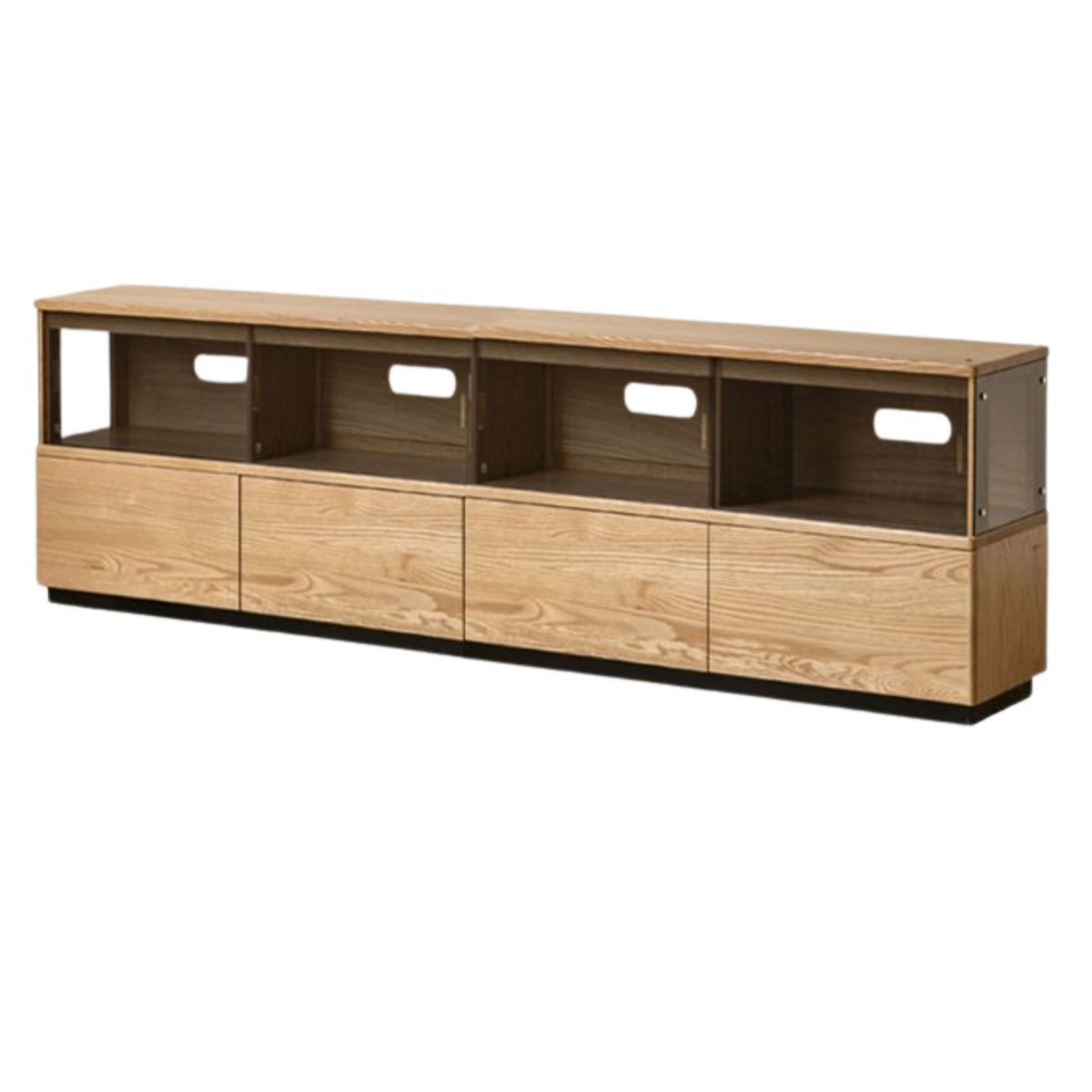 Oak Solid Wood TV Console with Illuminated Glass Display Case and Drawer Storage