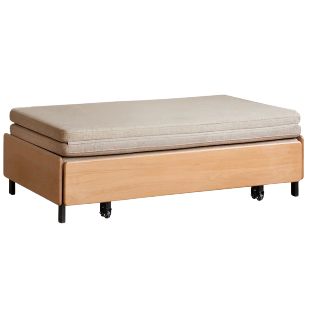 Oak Solid Wood Convertible Ottoman Sleeper Bed with Rolling Casters