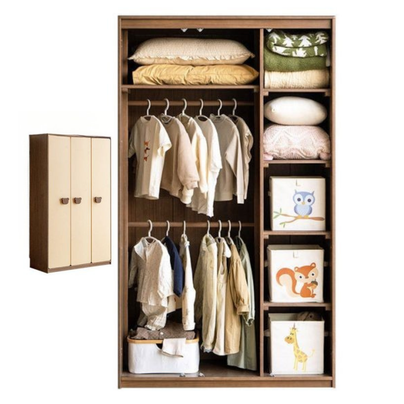 Solid RubberWood Kids Wardrobe Closet with Bear Handles and Storage Drawers