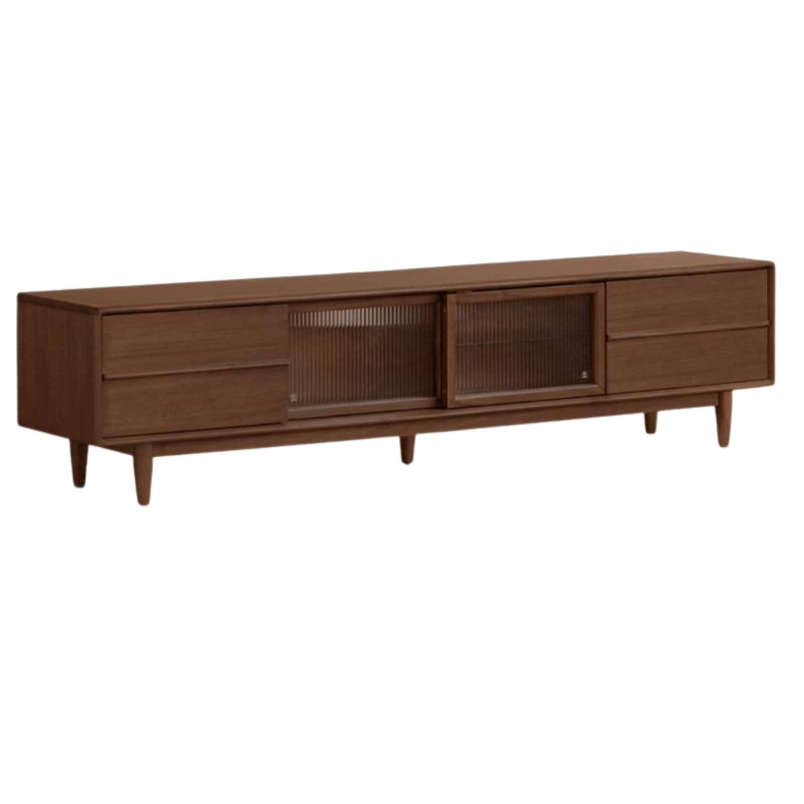 Solid Longan Hardwood Mid-Century TV Console with Fluted Sliding Doors