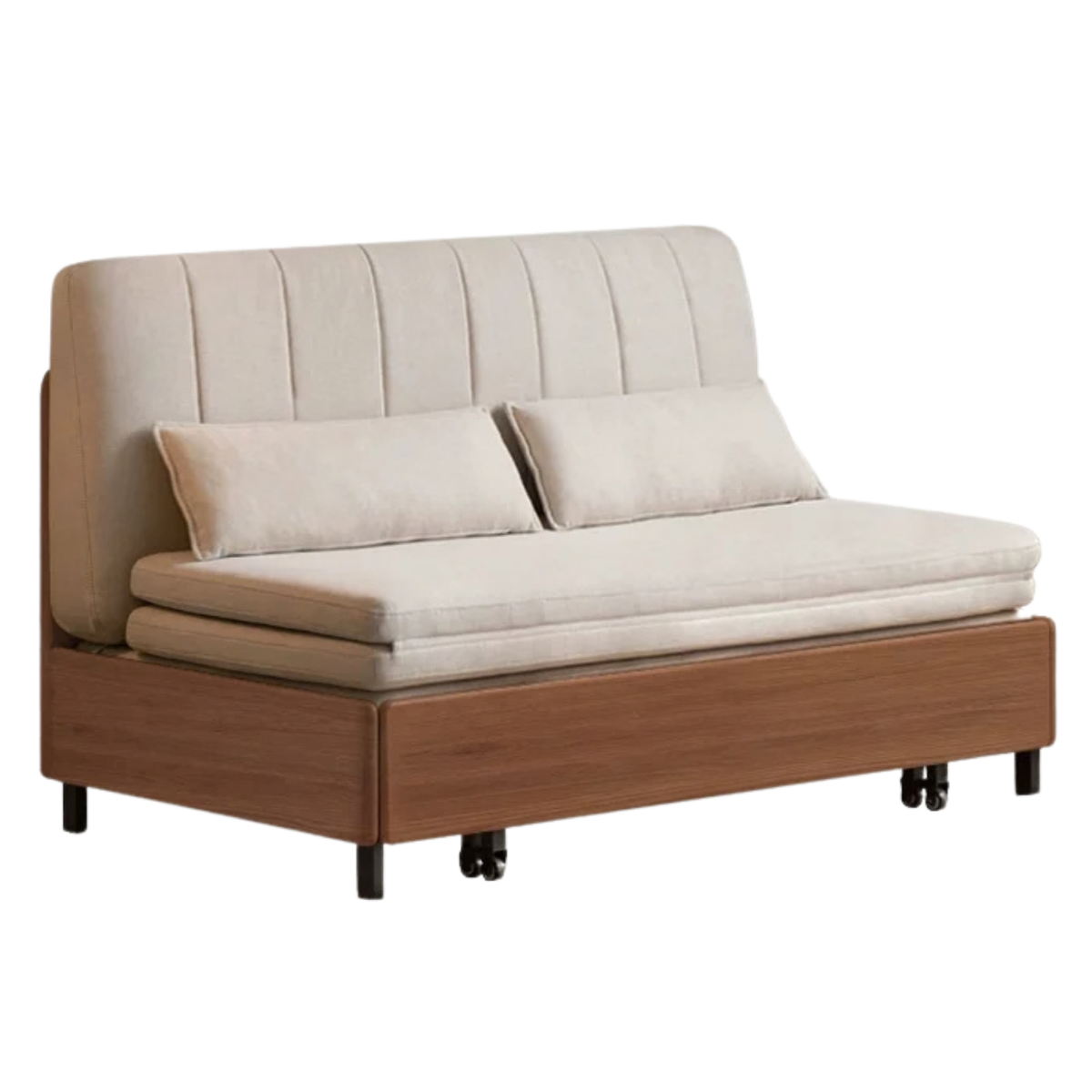 Beech, Birch Solid Wood Channeled Sofa Bed with Three-Fold Pull-Out Mechanism and Metal Legs