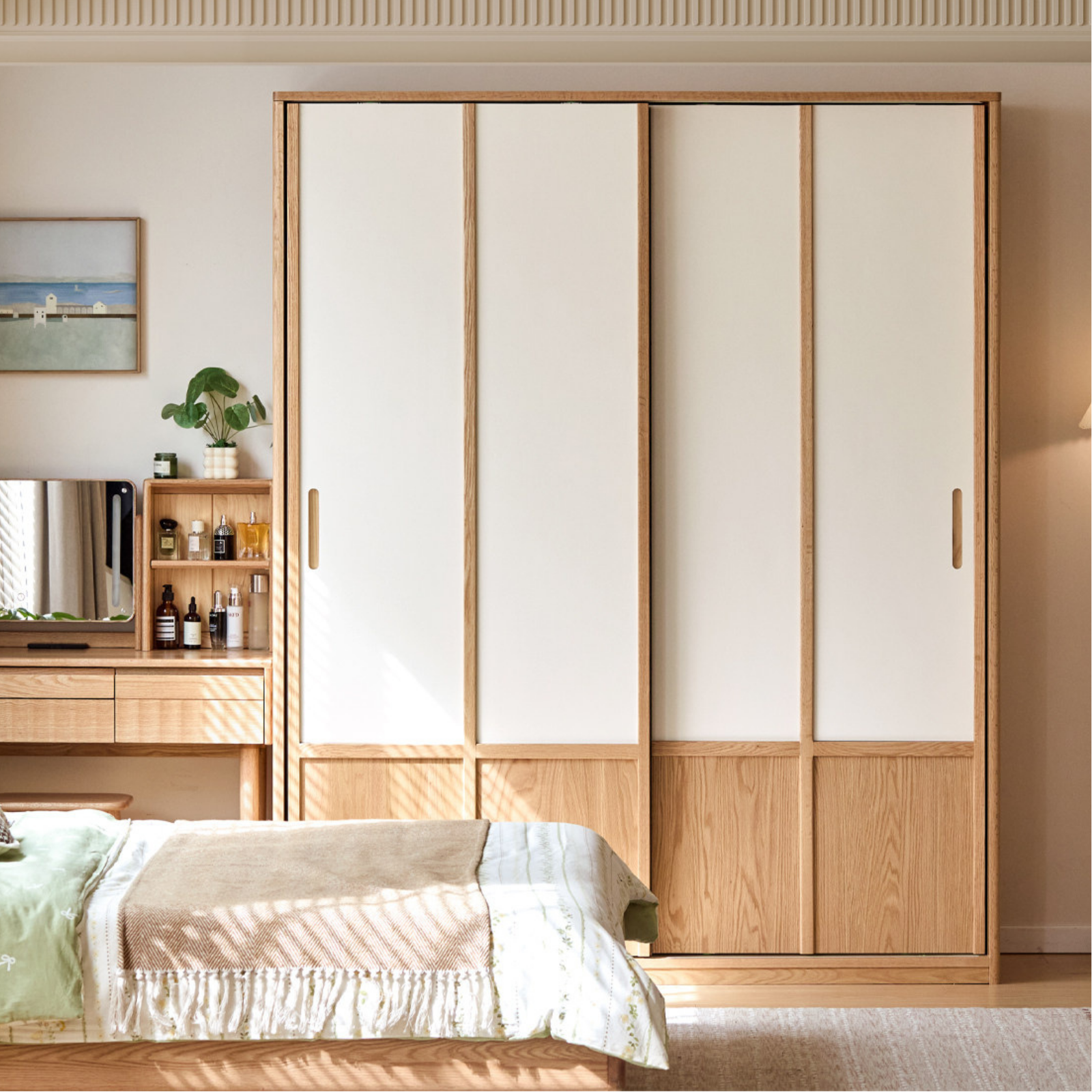Oak Solid Wood Wardrobe with two-tone Sliding Doors